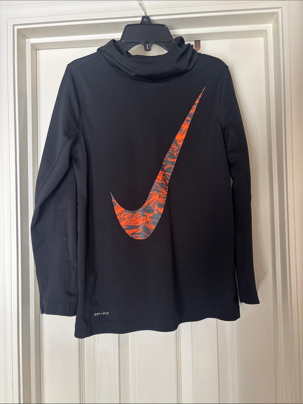 Nike Black Kids Dri-FIT Long Sleeve hoodie Top with Orange Graphic Swoosh large